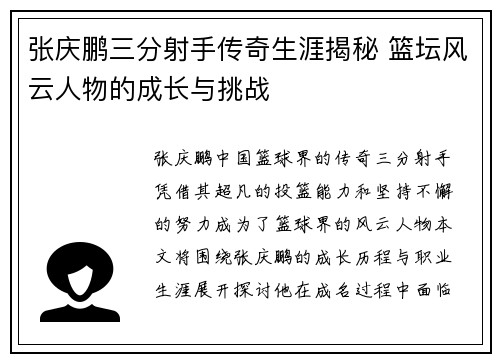 张庆鹏三分射手传奇生涯揭秘 篮坛风云人物的成长与挑战