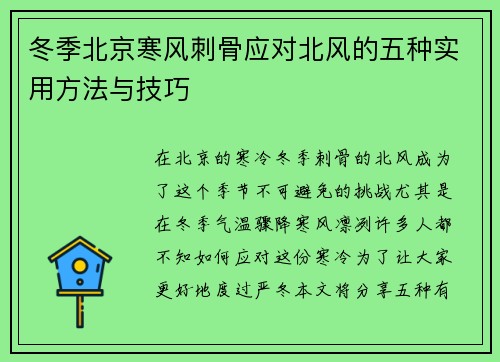冬季北京寒风刺骨应对北风的五种实用方法与技巧
